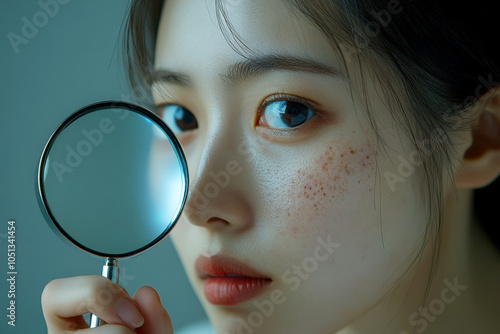 A Asian woman is looking into a magnifying glass with freckles. skin healthy concept.