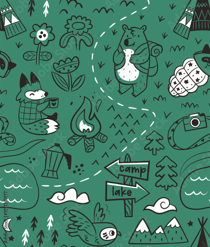 Green graphic map with cartoon animals. Seamless pattern