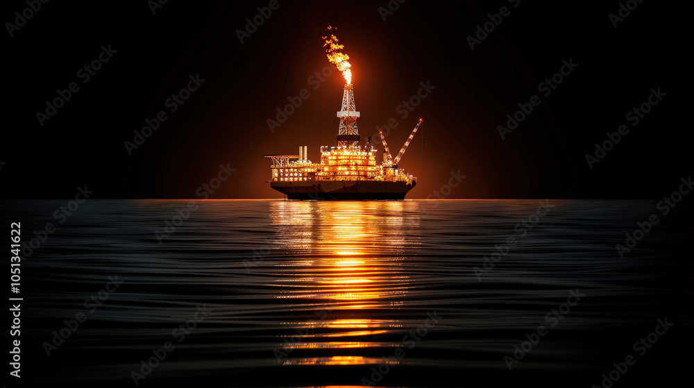 Fototapeta premium Offshore oil platform illuminated by flames, reflecting on calm water at dusk. scene captures industrial beauty and energy of oil extraction in serene environment