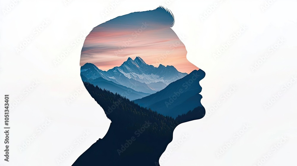 Silhouette of a thoughtful person filled with a serene mountain landscape. Silhouette of a thoughtful person filled with a serene mountain landscape.