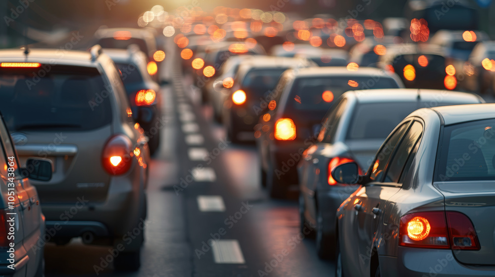 Traffic jam during sunset with numerous cars on busy road, creating vibrant scene filled with glowing taillights. atmosphere conveys sense of congestion and daily commute