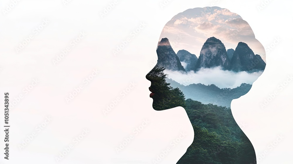 Silhouette of a woman with a landscape overlay, depicting nature and tranquility. Silhouette of a woman with a landscape overlay, depicting nature and tranquility.