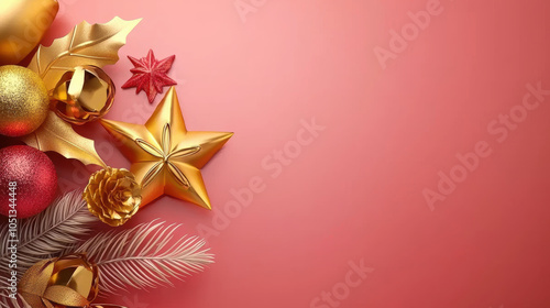 Delicate gold stars and festive ornaments on muted red background create warm holiday atmosphere, perfect for seasonal celebrations