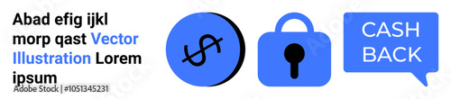 Three blue icons depict financial themes including currency, security, and cashback. Ideal for marketing, finance, security, promotional campaigns, and digital content. Banner for landing page