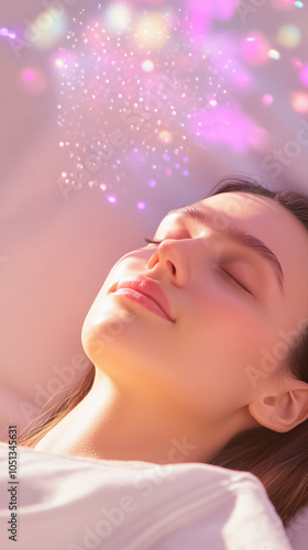 Peaceful sleep with glowing skin, lavender extract hovering above casting a soothing light for relaxation. photo