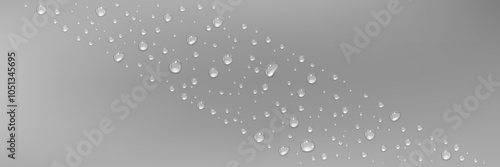 Water droplets on gray glossy surface. Background with diagonal composition of condensation drop. Realistic 3d vector illustration of dewy bg with liquid raindrop. Pattern with fresh humid effect