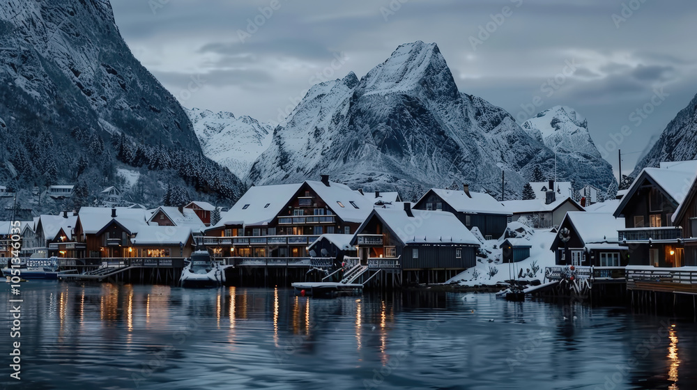 Naklejka premium serene winter scene of snow covered village nestled between towering mountains, reflecting beautifully in calm waters. cozy houses create picturesque atmosphere