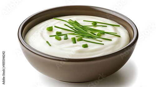 A bowl of freshly made vichyssoise with a garnish of chives photo