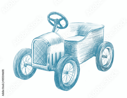 Cute retro baby car clipart. Toile de jouy style vintage line art illustration.