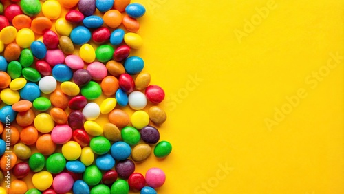 Background of yellow color with a variety of multi-colored candies scattered across, creating a vibrant long shot composition