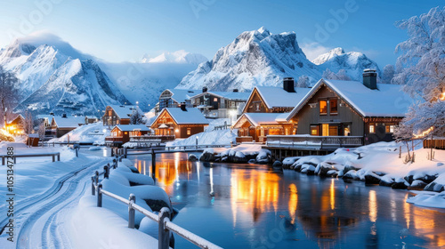 picturesque snowy landscape of Reine village, showcasing charming wooden houses reflecting in tranquil water, surrounded by majestic mountains. serene atmosphere evokes sense of peace and winter