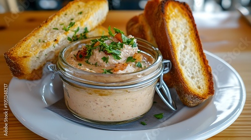 Chicken liver pÃ¢tÃ© served in a small jar with artisan bread photo