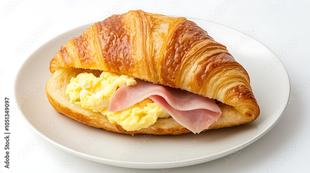 Croissant breakfast sandwich with scrambled eggs and ham Croissant breakfast sandwich with scrambled eggs and ham