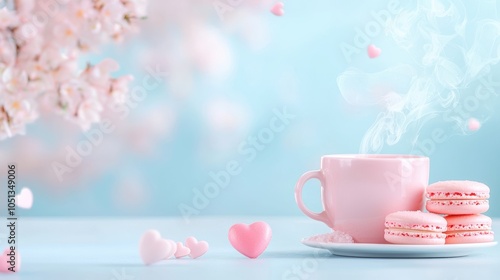 A steaming cup of pink tea rests on a table beside a plate of heart shaped macarons, offering a moment of peaceful indulgence.