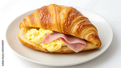 Croissant breakfast sandwich with scrambled eggs and ham