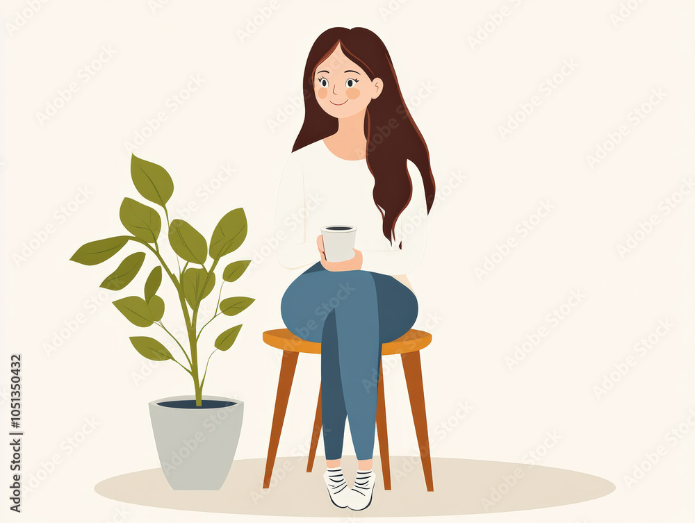 young woman sitting on wooden chair, holding cup, with potted plant nearby. She exudes calm and relaxed vibe, perfect for cozy atmosphere