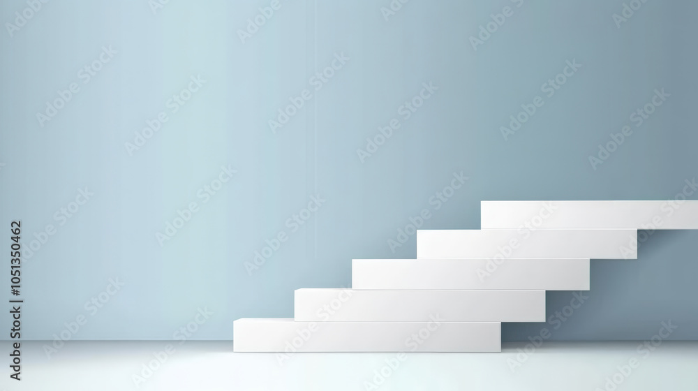 Fototapeta premium Minimalist white stairs against light blue wall create serene and modern atmosphere, perfect for inspiring change and new beginnings