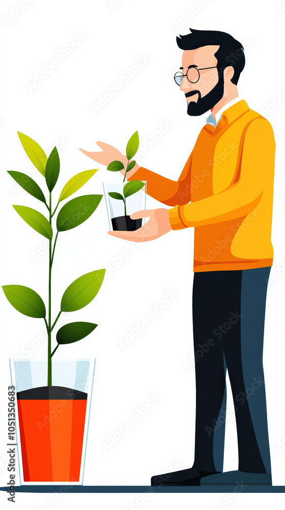 man in orange sweater is nurturing small plant while standing next to larger plant in glass container. His focus on growth symbolizes dedication and care man in orange sweater is nurturing small plant while standing next to larger plant in glass container. His focus on growth symbolizes dedication and care