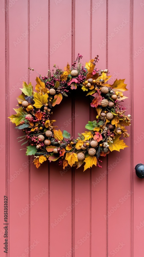 Fototapeta premium Charming rustic autumn decorations featuring natural wreaths and acorns for a cozy seasonal ambiance.