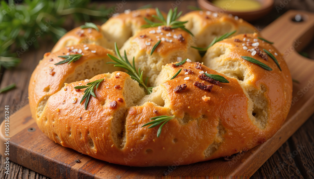 Delicious focaccia bread topped with rosemary and sea salt on a wooden board for culinary concept Delicious focaccia bread topped with rosemary and sea salt on a wooden board for culinary concept