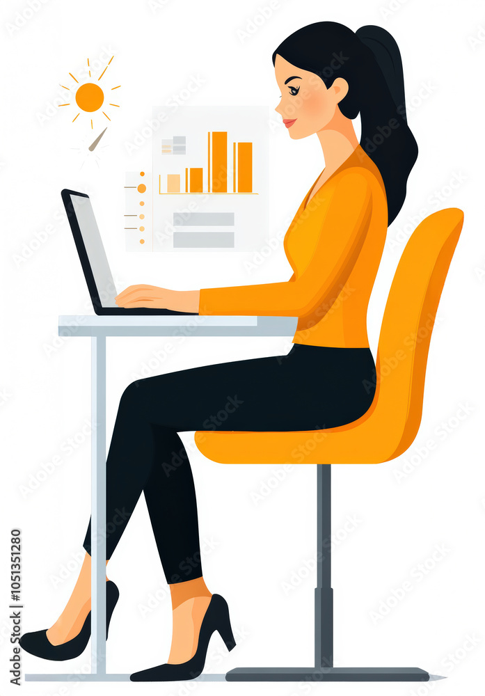 woman is focused on her laptop while sitting at modern desk, surrounded by graphs and data visuals, symbolizing personal growth and productivity woman is focused on her laptop while sitting at modern desk, surrounded by graphs and data visuals, symbolizing personal growth and productivity