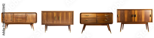 Diverse collection of vintage wooden furniture pieces  featuring a range of retro and modern designs that perfectly complement elegant and contemporary home interiors  The array includes sideboards