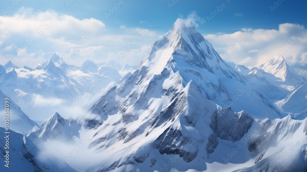 Obraz premium Landscape of mountain peaks summits with snow capped with cloudy