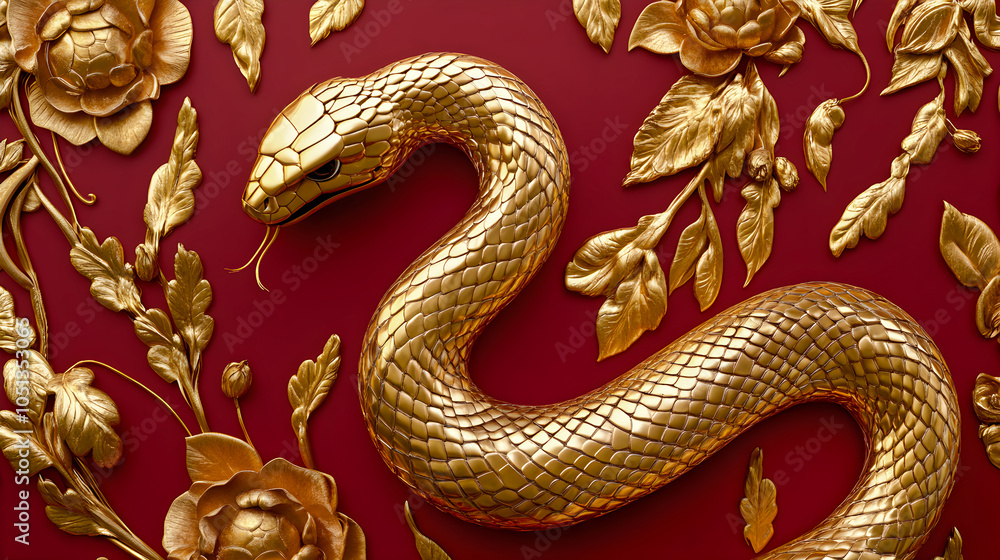Fototapeta premium Hyper-Realistic 3D Gold Snake on Red Background with Elegant Floral Accents. Chinese Happy New Year.