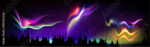 Aurora borealis in night sky above forest. Vector realistic illustration of dark fir tree silhouettes, north pole skyline with beautiful polar lights and stars, natural phenomenon, travel banner