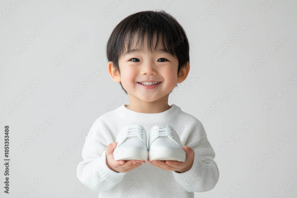 Happy-looking Asian young kid is holding a pair of shiny white shoes in his hands , happy child with his new sports shoes Happy-looking Asian young kid is holding a pair of shiny white shoes in his hands , happy child with his new sports shoes