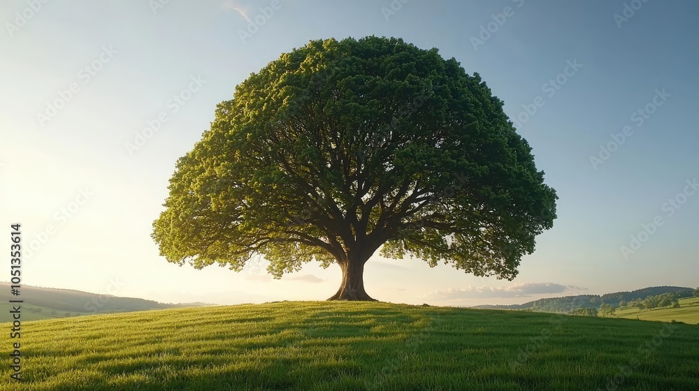 Obraz premium A majestic tree standing alone on a lush green hill under a bright blue sky.