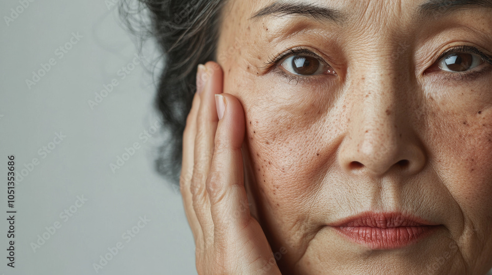 Asian woman in her 50s with noticeable skin blemishes and wrinkles , the lady have her hand on her cheek to emphasize her skin Asian woman in her 50s with noticeable skin blemishes and wrinkles , the lady have her hand on her cheek to emphasize her skin