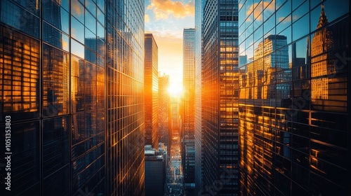 Stunning Urban Sunset Between Skyscrapers with Reflective Glass Facades in a Modern Cityscape