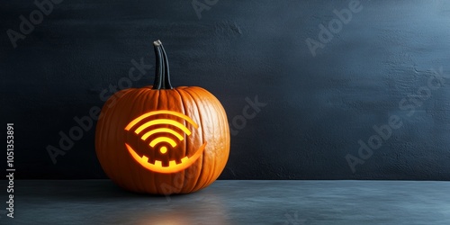 Pumpkin carved with glowing WiFi symbol for a modern Halloween decoration photo