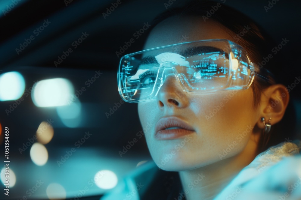 close-up photo of beautiful woman wearing smart digital futuristic glasses with neon lights and driving car close-up photo of beautiful woman wearing smart digital futuristic glasses with neon lights and driving car