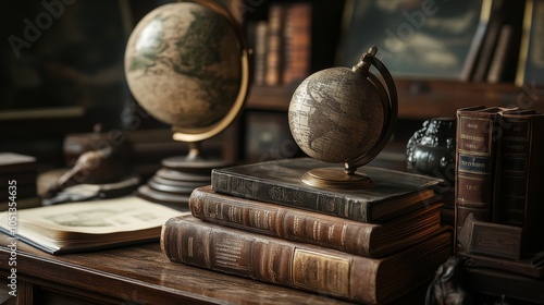 A vintage setup featuring globes, old books, and documents, evoking a sense of adventure and exploration through history.