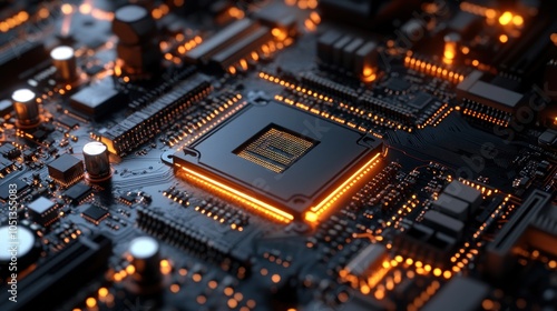 Close-up of a circuit board with glowing components and processor.