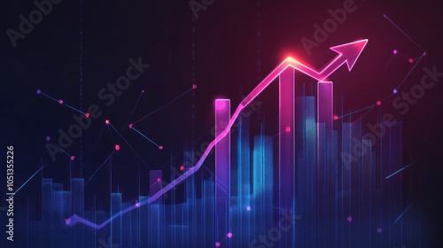 Rising purple arrow with glowing bar charts backdrop