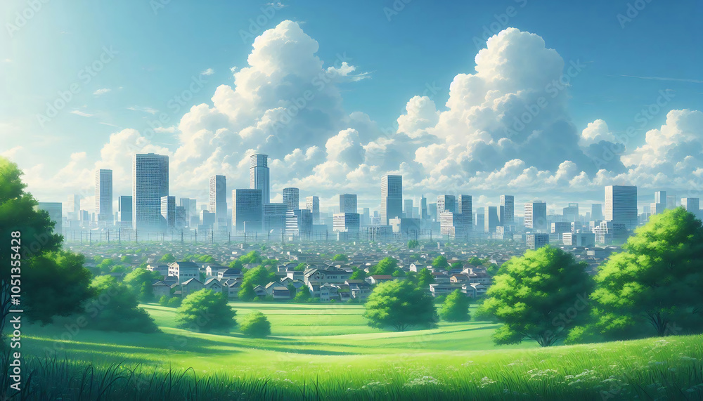Fototapeta premium Emerging Horizons Urban Skyline over Verdant Fields, Generative Ai