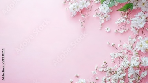 White delicate flowers and green leaves arranged on a soft pink background. Concept: Mother's Day appreciation and gentle floral design.