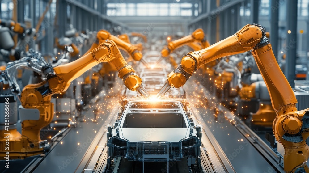 Robot arms building car frames on an assembly line floor. Robot arms building car frames on an assembly line floor.