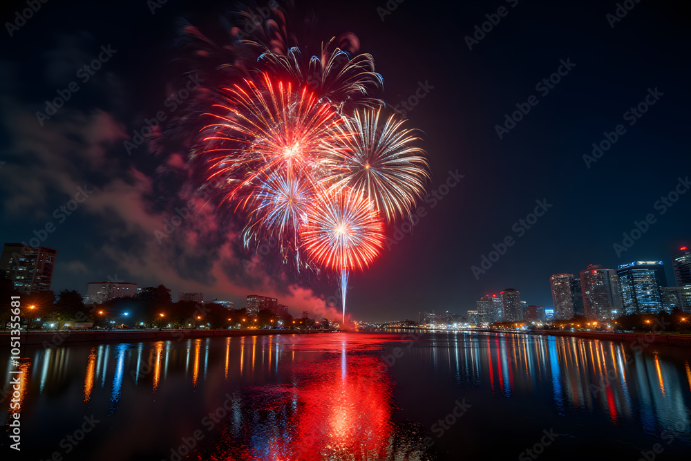 Fototapeta premium Spectacular fireworks lighting up urban night skyline reflected on water