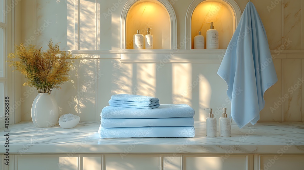 Serene Spa Bathroom with Soft Blue Towels and Decor Serene Spa Bathroom with Soft Blue Towels and Decor