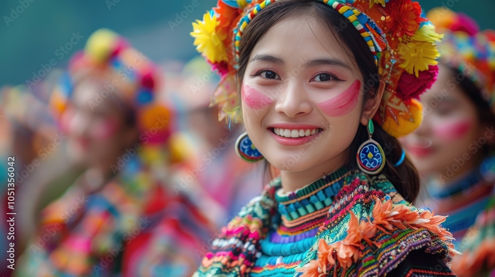 Fototapeta premium Vibrant Cultural Festival Showcasing Participants in Traditional Attire and Joyous Expressions