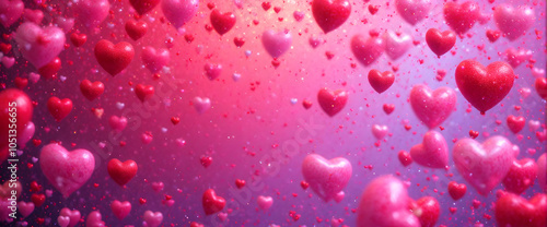 Vibrant heart explosion: falling heart shapes in a romantic pink and red background