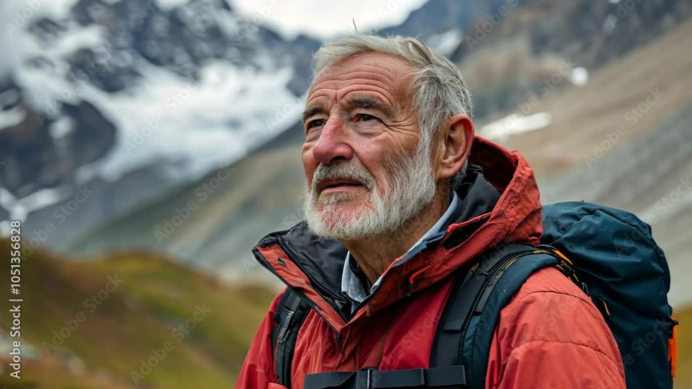 An older man with a gray beard looks up at the snowy mountains while wearing a red jacket An older man with a gray beard looks up at the snowy mountains while wearing a red jacket