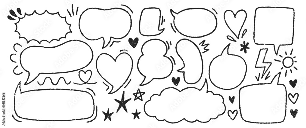 Obraz premium Set of outline speech bubble for student diary. Pastel, chalk or crayon vector illustration on a white background.