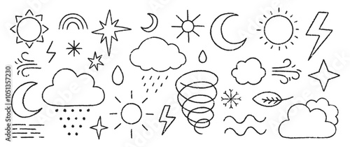 Collection of weather symbols with crayon, chalk and pastel texture. Vector illustration of rain, storm, sun, star, lightning on a white background.