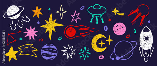 Doodle illustration of space, planets, stars and sun with crayon, pencil or chalk texture. Hand drawn cartoon illustration for kids. Colorful pastel vector illustration on a dark background.
