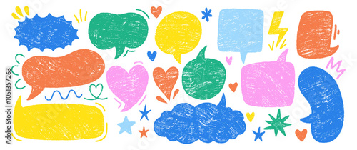 Set of crayon speech bubble or text frames. Colorful pastel, chalk or pencil vector illustration on a white background.